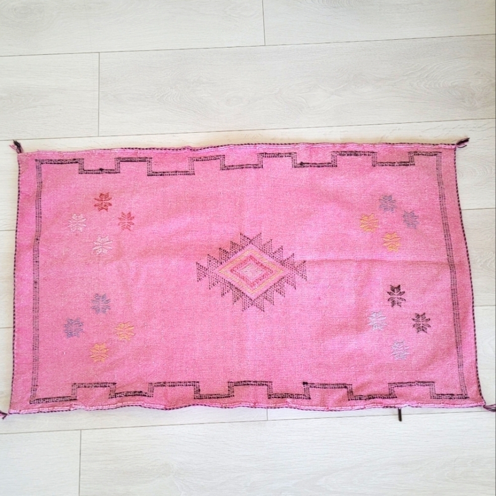 Authentic Moroccan Cactus Silk Pillow Cover Pink Woven Boho Removable